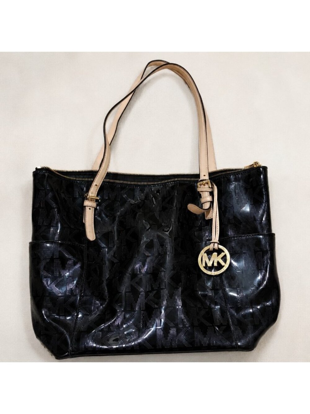 Michael Kors Black Patent MK Logo Tote Bag Shoulder Purse Large